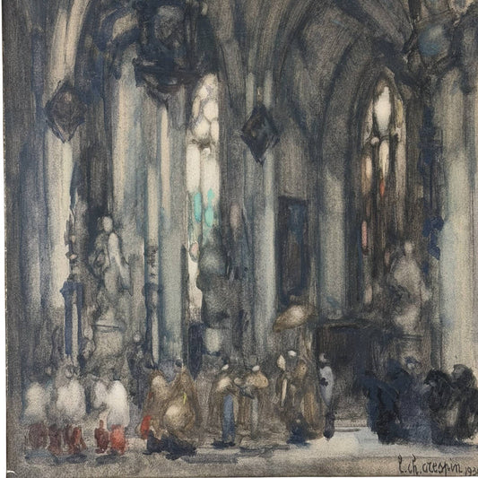 54x43cm Antiek Kerkinterieur Louis-Charles Crespin 1930 | Exclusieve Muurkunst5