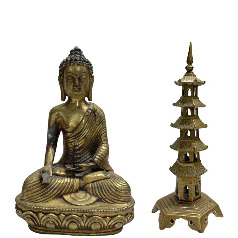 Chinese Bronzen Altaarset met Medicijn Boeddha en Tweeling Pagode Torens - 3-Delig