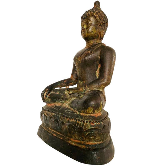 Antieke Thaise Boeddha in brons met lotusbasis en bhumisparsha mudra