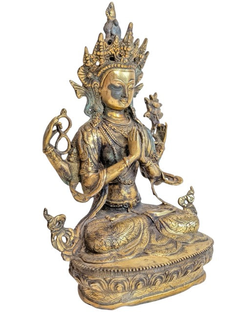 Vierarmig Avalokiteshvara beeld van verguld brons uit Nepal of Tibet