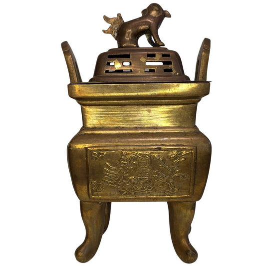 Chinese bronzen wierookbrander met reliëfpanelen en tempelvorm, China, 19e eeuw