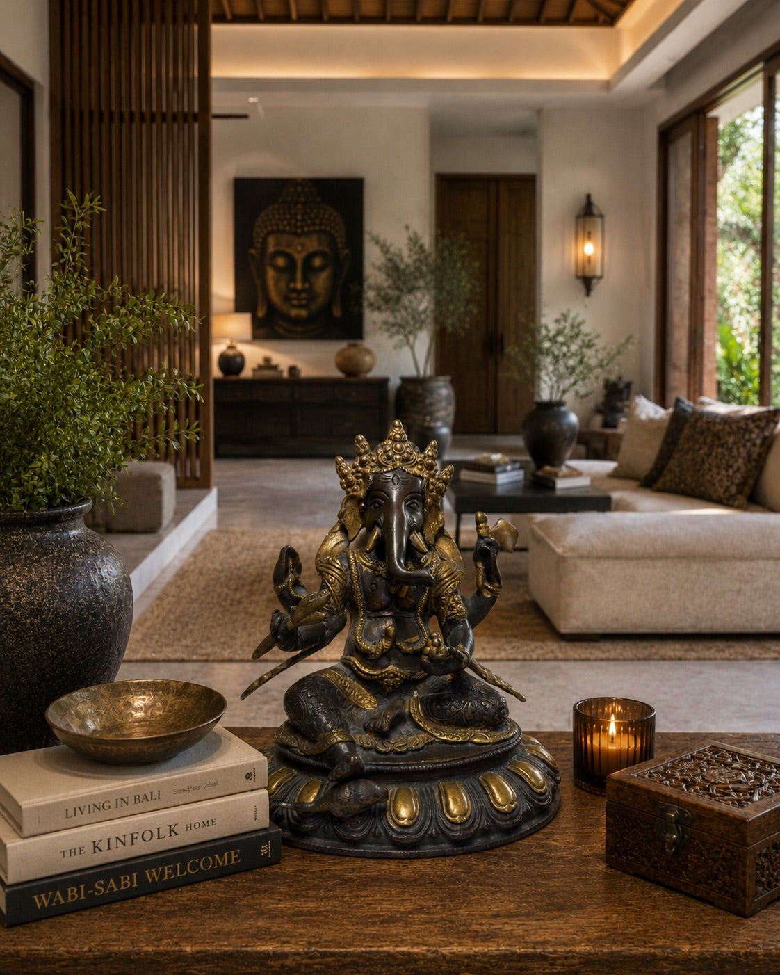 Bronzen Ganesha Beeld met Lotusbasis – Nepalese Stijl – Zwaar Brons met Gouden Accenten – 20.6 cm