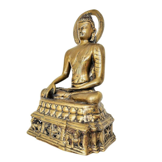 Kashmirse vergulde bronzen Boeddha met halo in Bhumisparsha mudra, 18e eeuw, Himalaya tempelbeeld