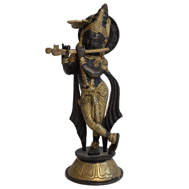 Antiek bronzen Krishna beeld met fluit, India, 19e eeuw