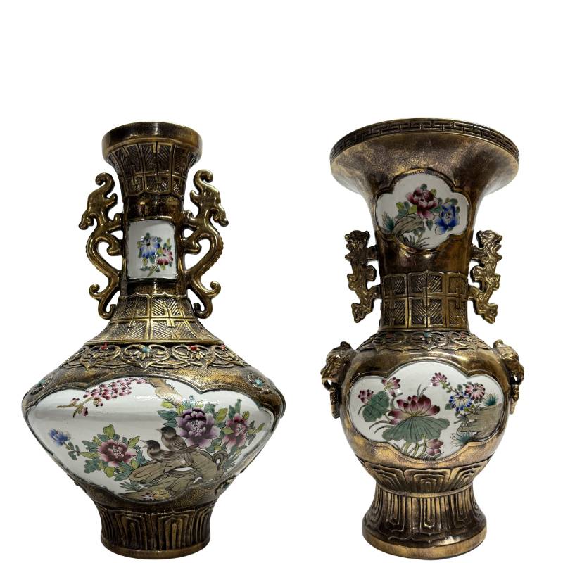 chinese vaas bloem vogel motief porselein panelen metaal decor