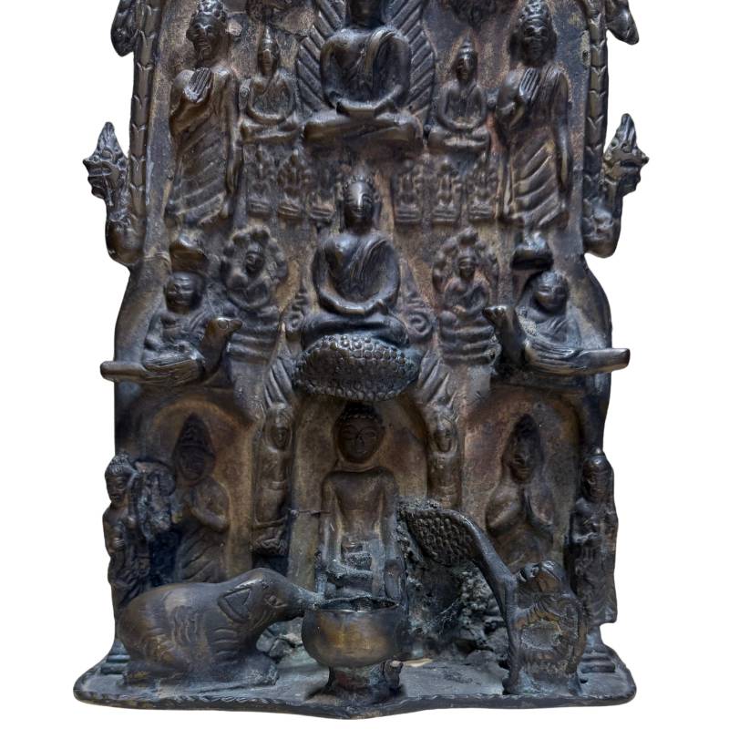 Antiek Bronzen Mucalinda Boeddha Tempelreliëf – India/Nepal Himalaya Stijl – ca. 1880–1920 – Symbool voor Bescherming en Spirituele Beschutting