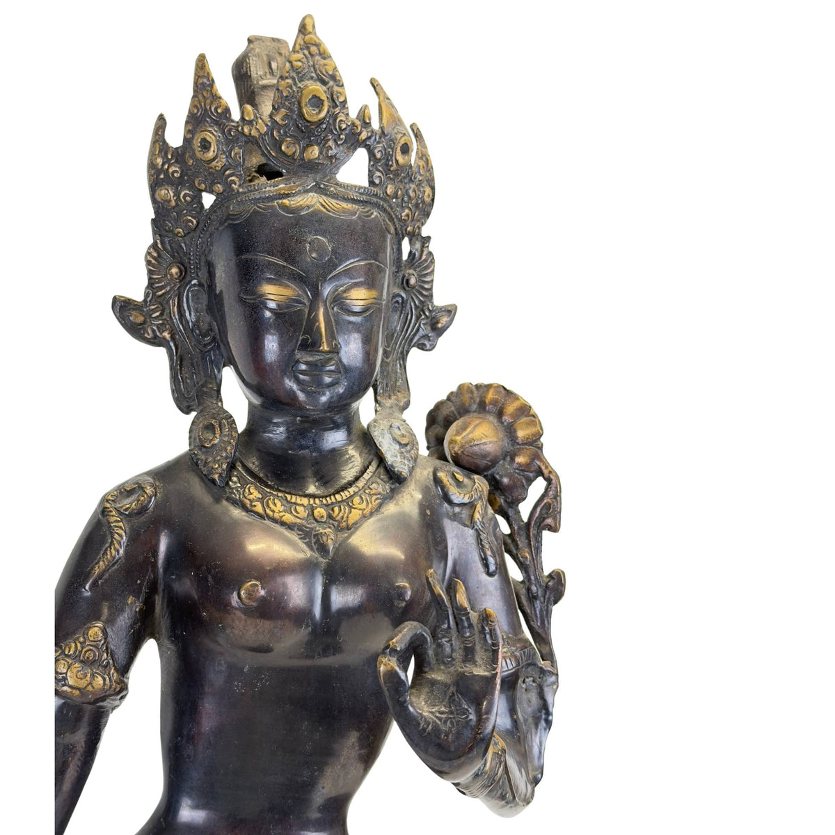 Antieke Nepalese bronzen Groene Tara uit de Newar-traditie – detail