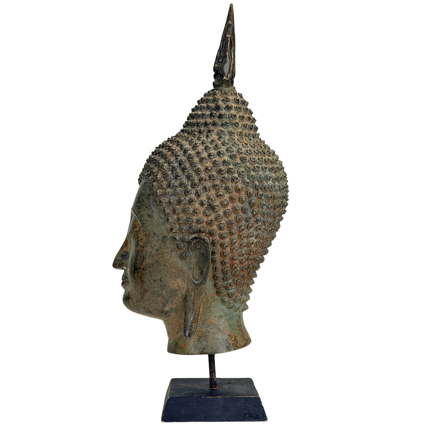 19e-eeuws bronzen Boeddhahoofd uit Thailand met historische patina