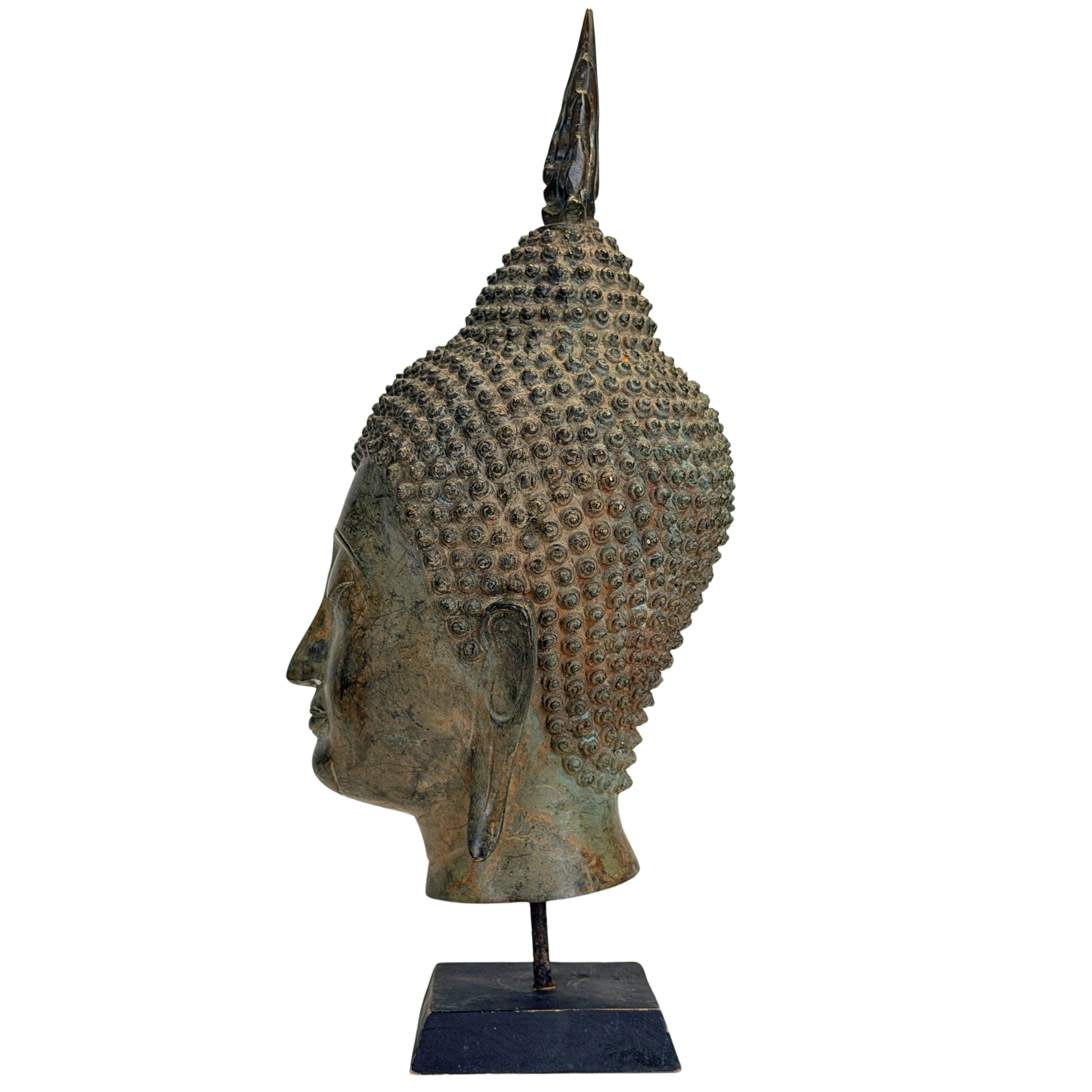 19e-eeuws bronzen Boeddhahoofd uit Thailand met historische patina