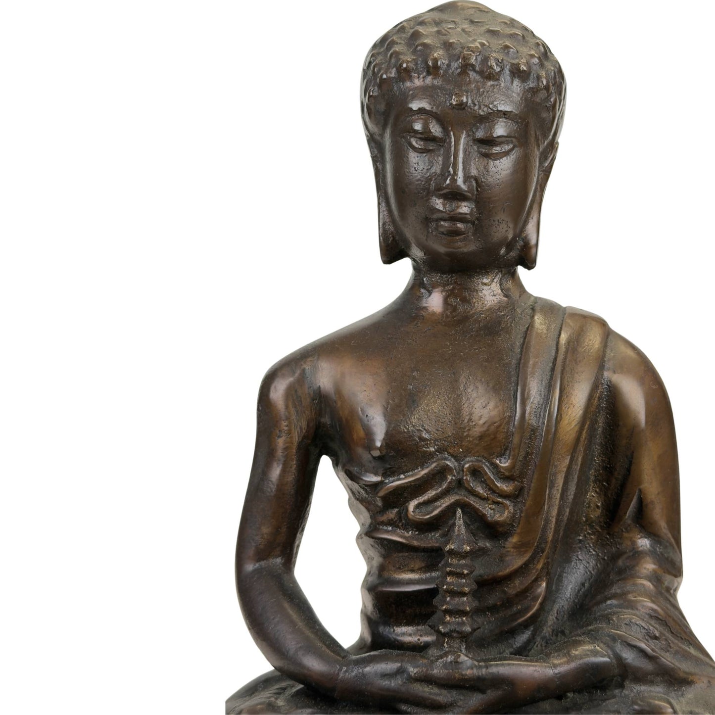 19e-eeuwse Himalaya Boeddha in zware koperlegering met stupa, oude patina en lotusvoetstuk