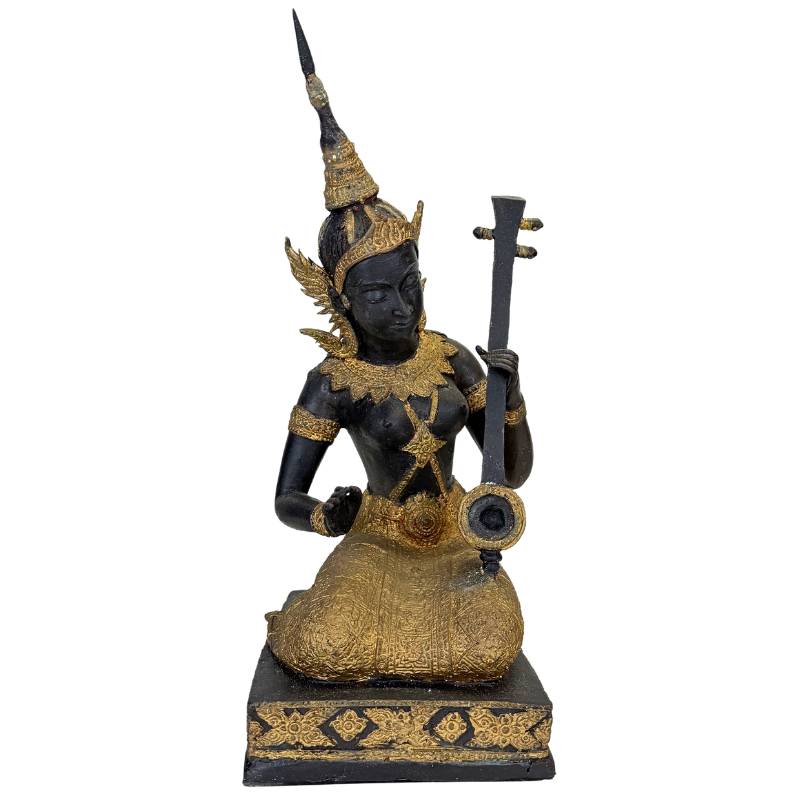 Thaise Muzikant Beeld Brons – Goud Zwart Patina Tempelfiguur