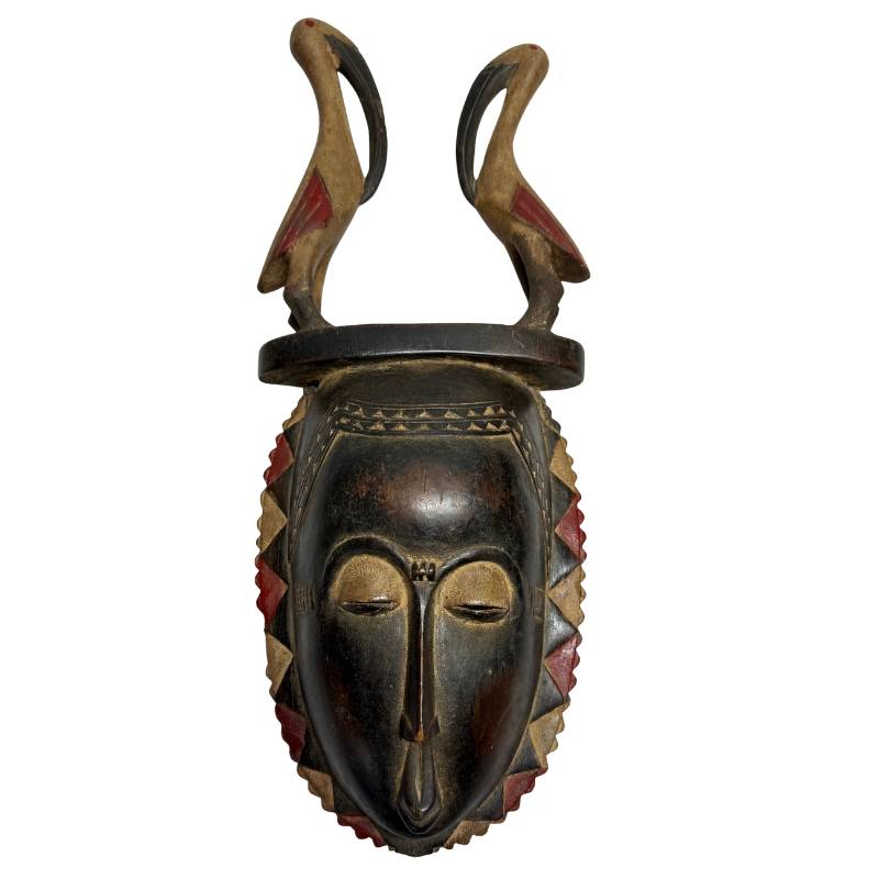 51 cm Antiek Houten Baule Masker met Dubbele Vogel | Exclusieve Muurkunst | Ivoorkust