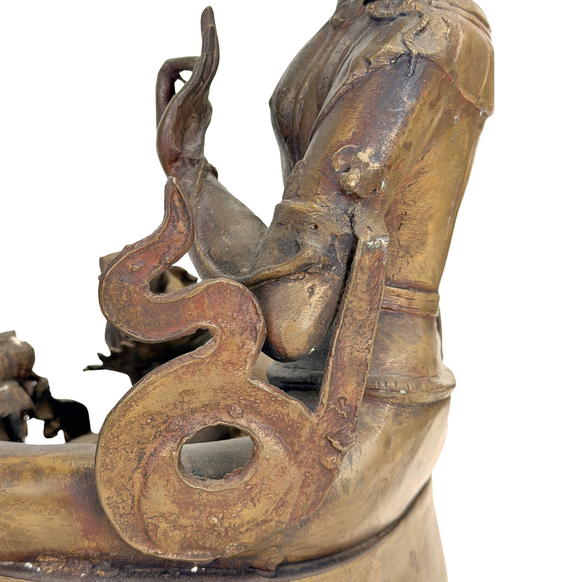 Detail van gelaatstrekken en historische patina van de Nepalese Mañjuśrī