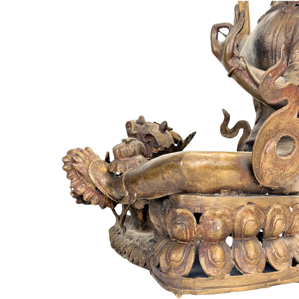 Detail van patina en warm goudkleurig oppervlak op de antieke Nepalese Mañjuśrī