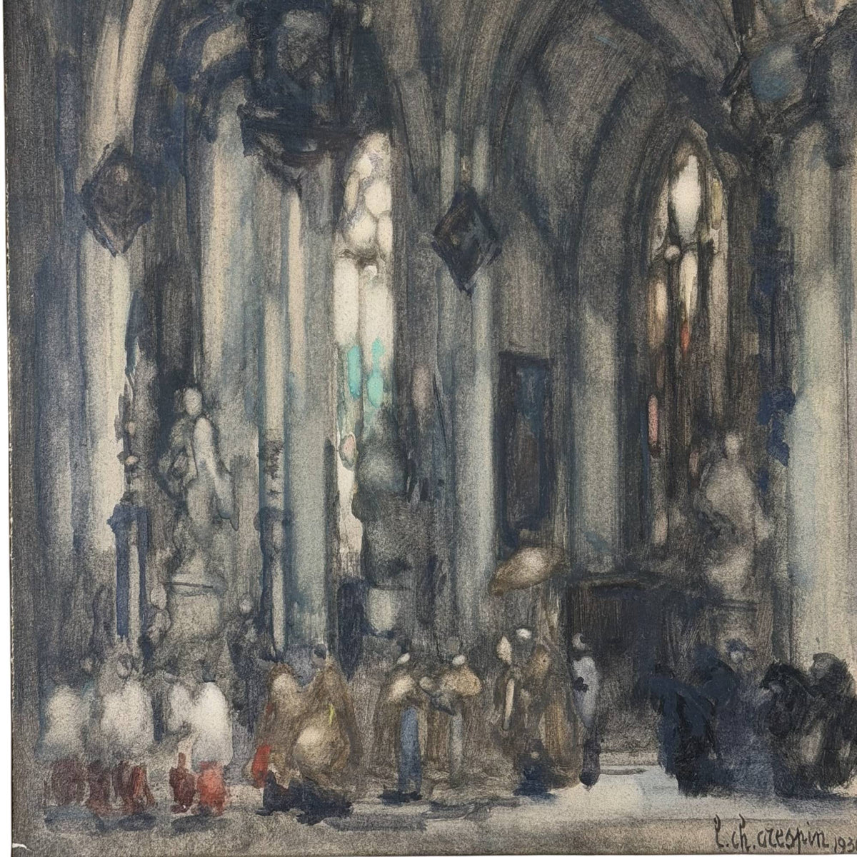 Antiek kerkinterieur schilderij Louis-Charles Crespin
