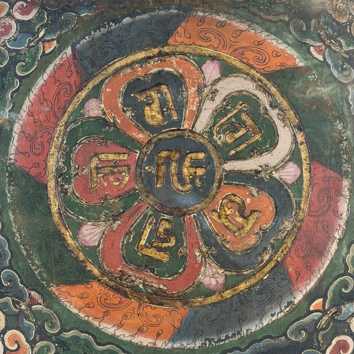 61x65 cm Antieke Tibetaanse Thangka Mandala | Ranjana Mantra | 9 kg Muurkunst