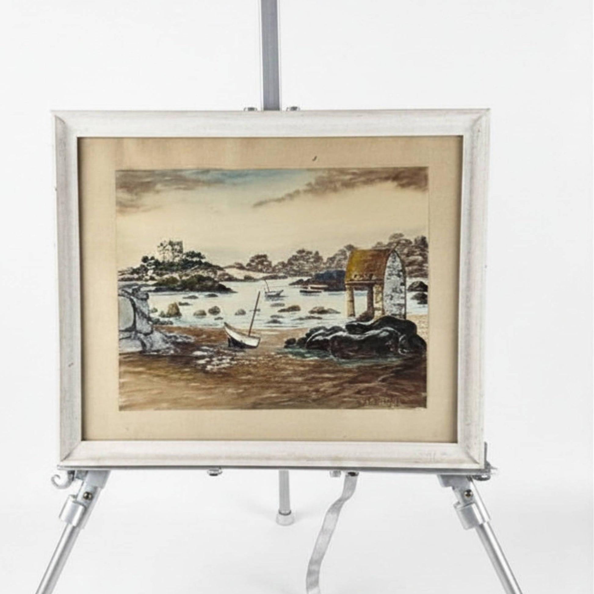 Antiek handgeschilderd aquarel van 36,5x44 cm door R. Blossier van het Oratorium van Saint-Guirec in Ploumanac'h Bretagne, perfect als exclusieve muurkunst.
