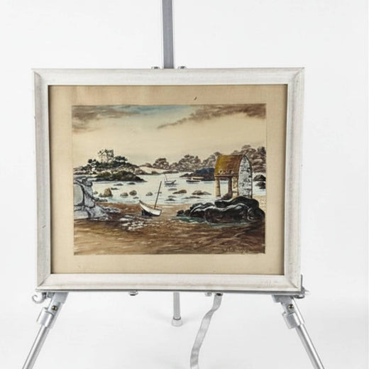 Antiek handgeschilderd aquarel van 36,5x44 cm door R. Blossier van het Oratorium van Saint-Guirec in Ploumanac'h Bretagne, perfect als exclusieve muurkunst.