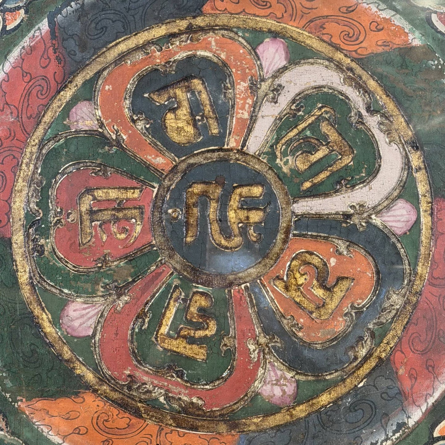 61x65 cm Antieke Tibetaanse Thangka Mandala | Ranjana Mantra | 9 kg Muurkunst