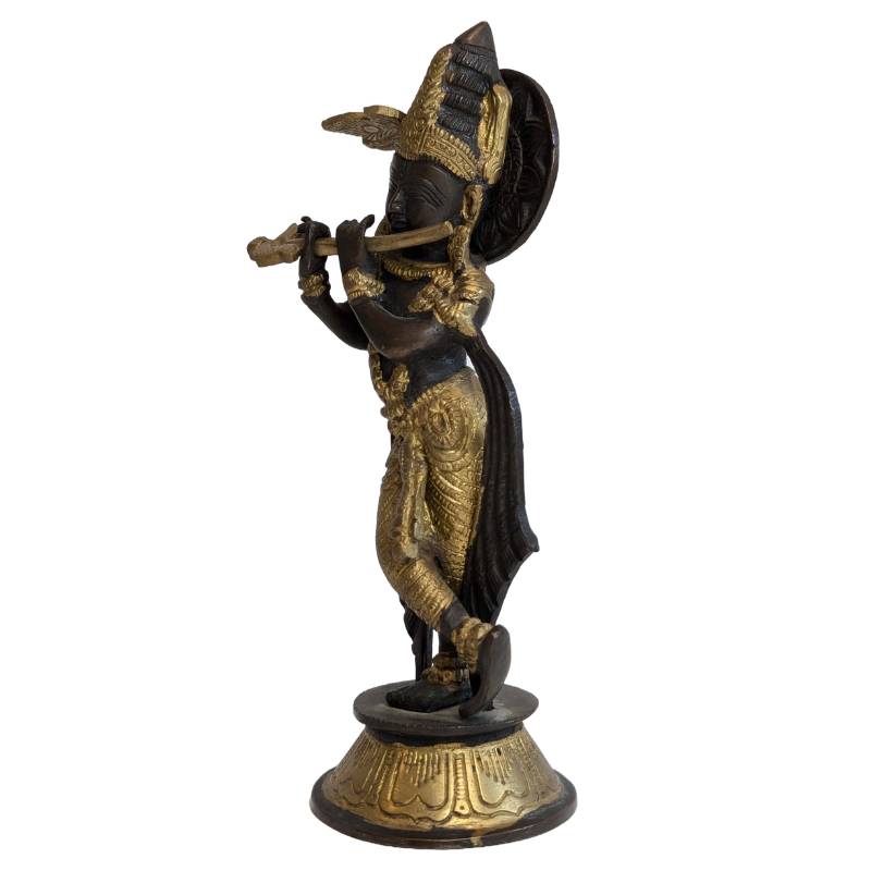 Antiek bronzen Krishna beeld met fluit, India, 19e eeuw