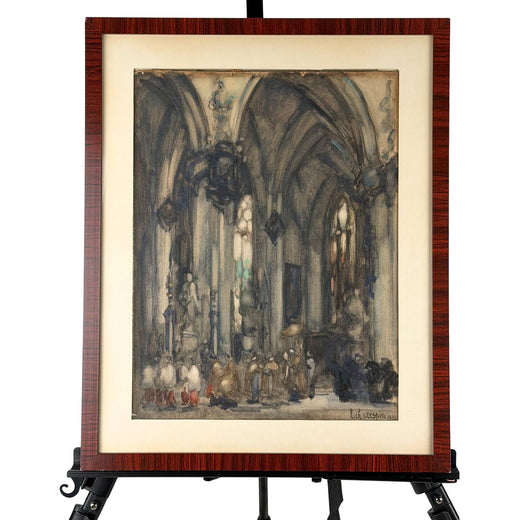 Groot antiek gotisch kerkinterieur kunstwerk uit 1930 door de Belgische schilder Louis-Charles Crespin, exclusief ingelijst voor high-end muurkunst