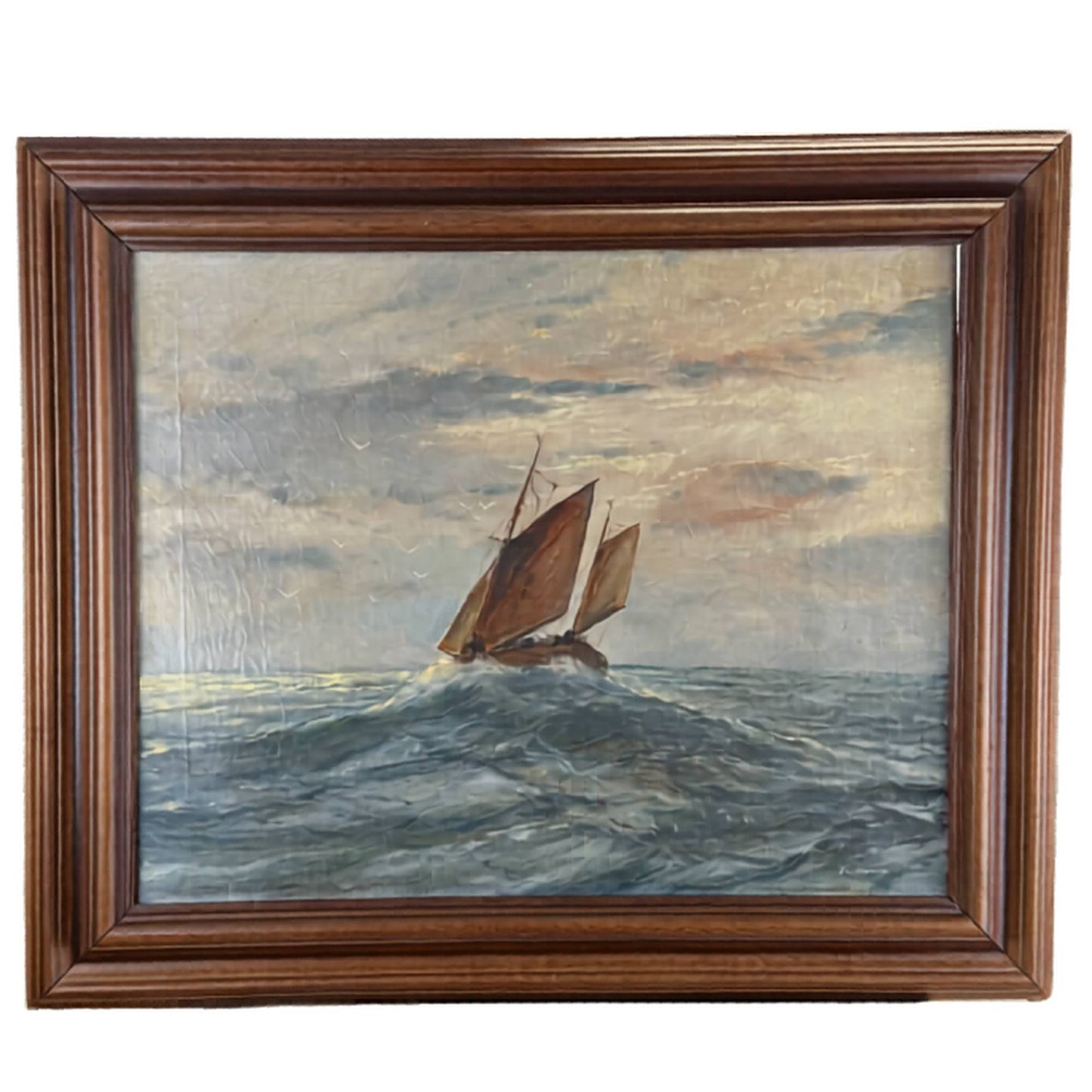 Antiek maritiem olieverfschilderij op doek van 53x63 cm door R. Doorn van een vissersschip op zee, perfect als exclusieve muurkunst.