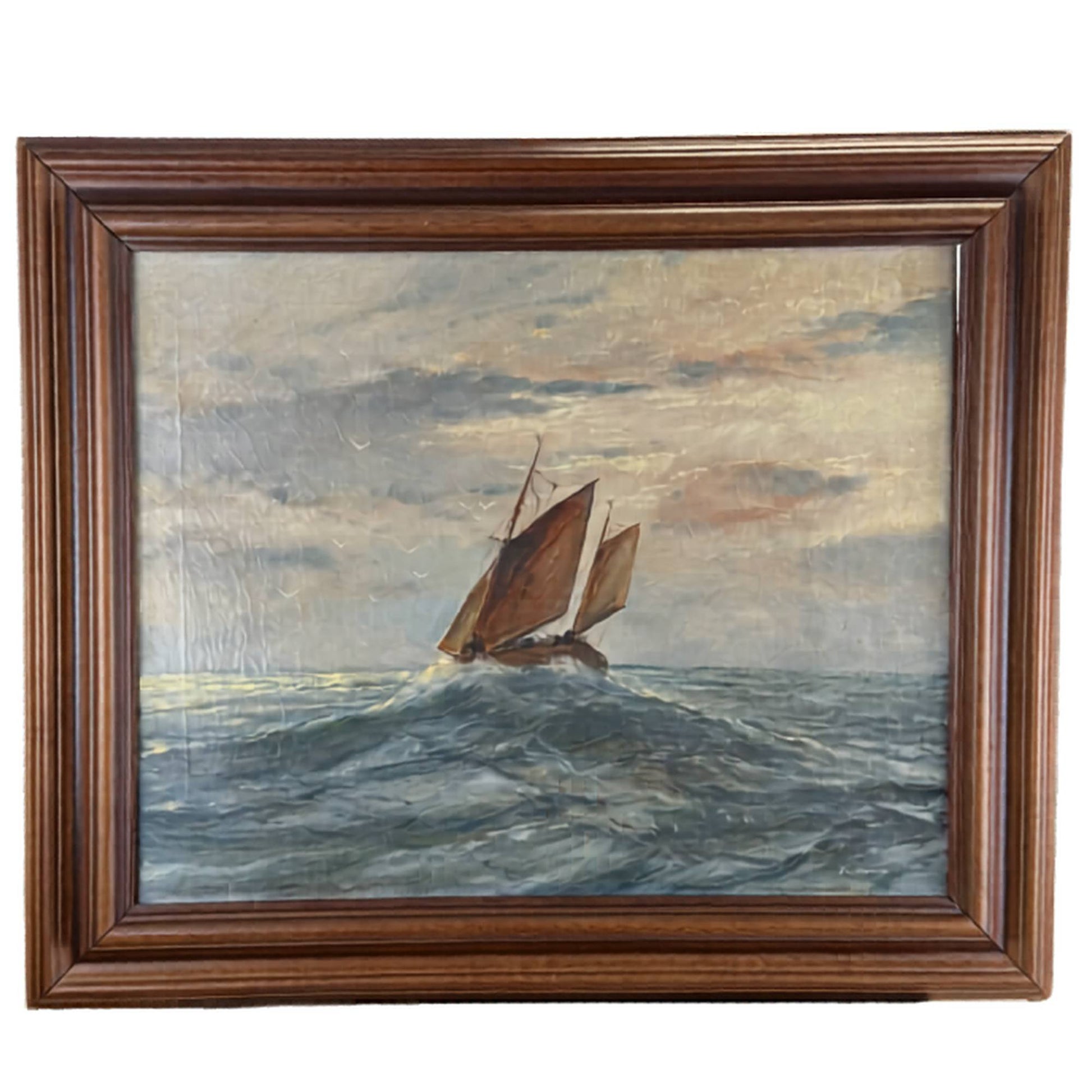 Antiek maritiem olieverfschilderij op doek van 53x63 cm door R. Doorn van een vissersschip op zee, perfect als exclusieve muurkunst.