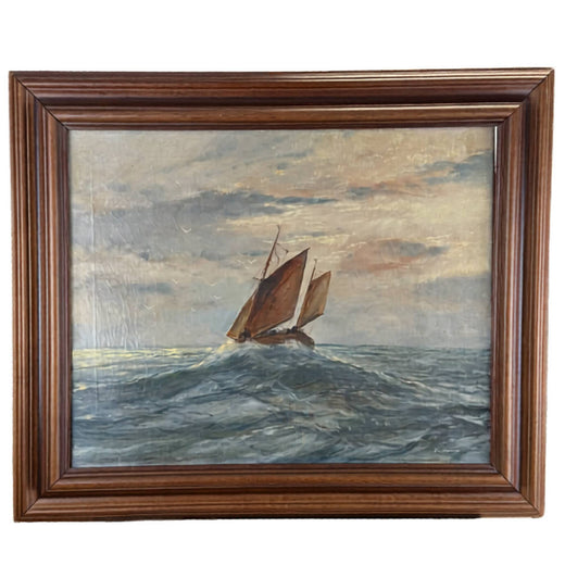Antiek maritiem olieverfschilderij op doek van 53x63 cm door R. Doorn van een vissersschip op zee, perfect als exclusieve muurkunst.