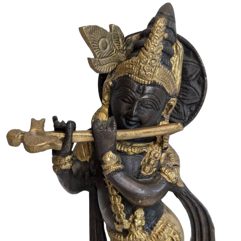 Antiek bronzen Krishna beeld met fluit, India, 19e eeuw