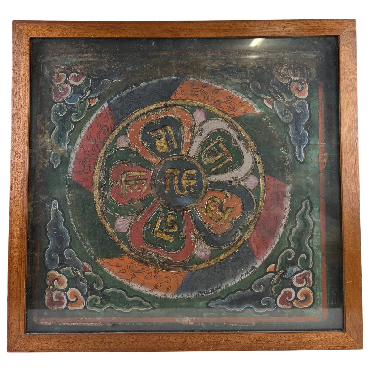 Antieke Tibetaanse Thangka Mandala kloosterschildering in frame van 61x65 cm met heilig Ranjana-schrift, perfect als exclusieve muurkunst.