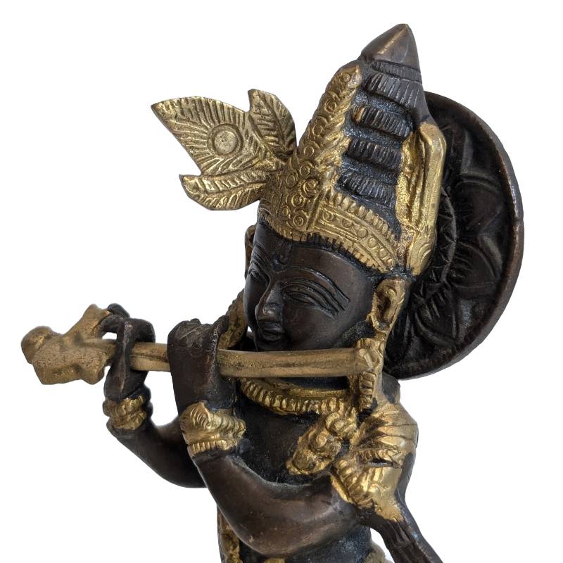 Antiek bronzen Krishna beeld met fluit, India, 19e eeuw