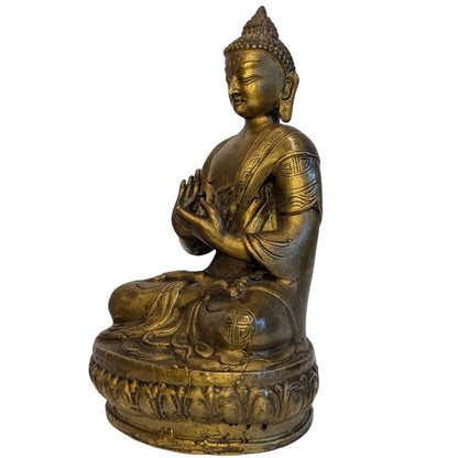 Sino-Tibetaans vuurverguld bronzen Boeddhabeeld in Dharmachakra mudra – detail