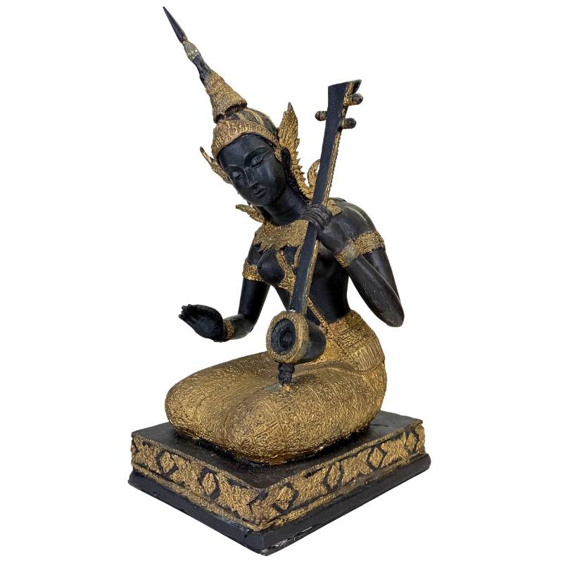 Thaise Muzikant Beeld Brons – Goud Zwart Patina Tempelfiguur