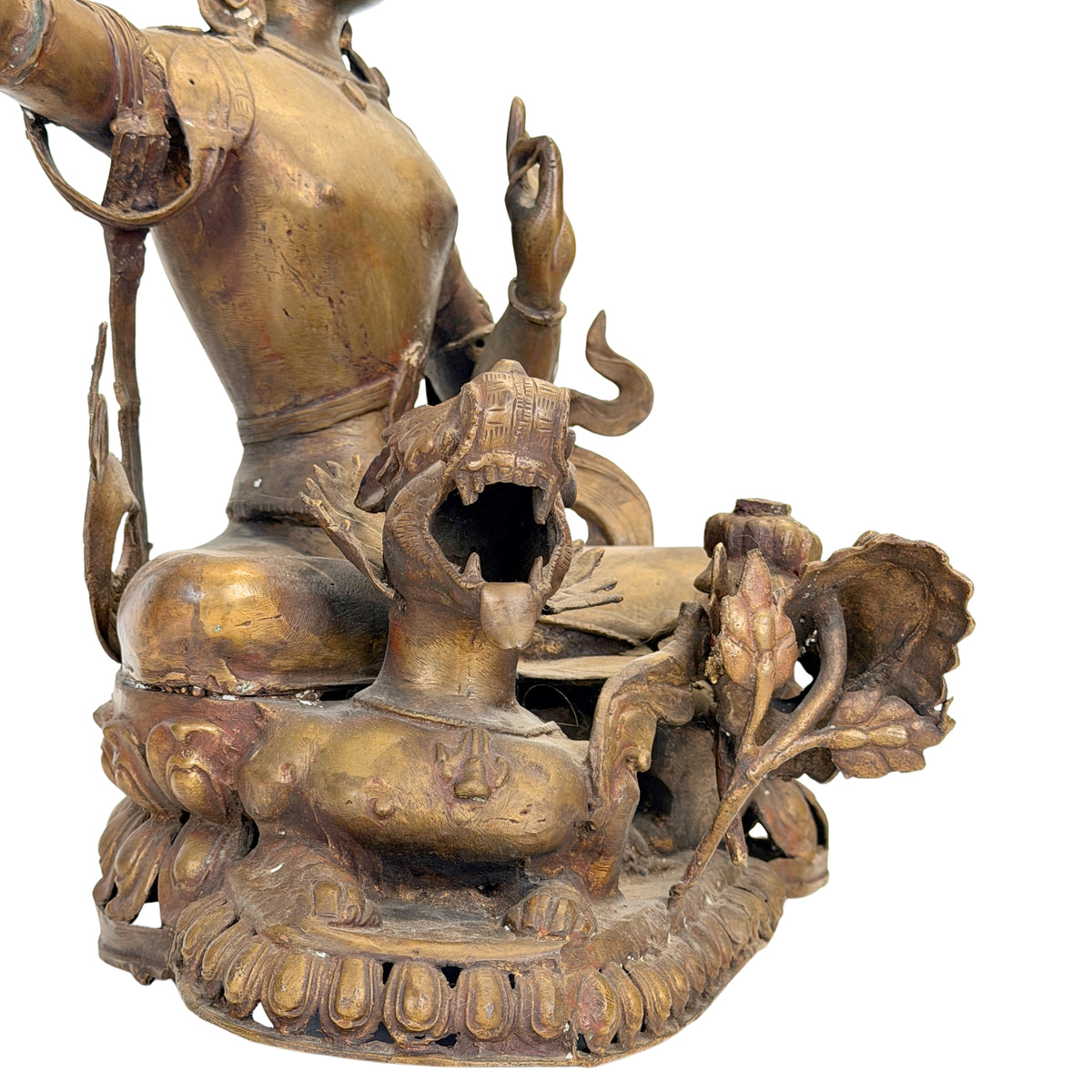 Detail van het gezicht en de hoge kroon van de Nepalese Mañjuśrī