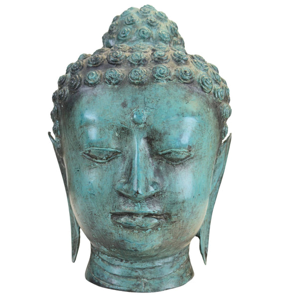 Turquoise Gepatineerd Bronzen Boeddha Hoofd – Thaise U Thong Stijl 26,5 cm