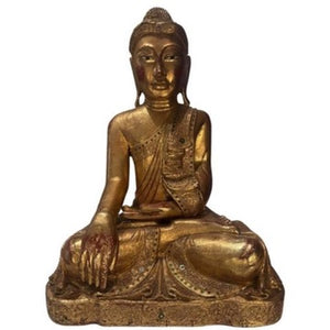 Groot Birmaans Mandalay Boeddhabeeld – Hout met Bladgoud en Ingelegde Ogen, ca. 1850–1900