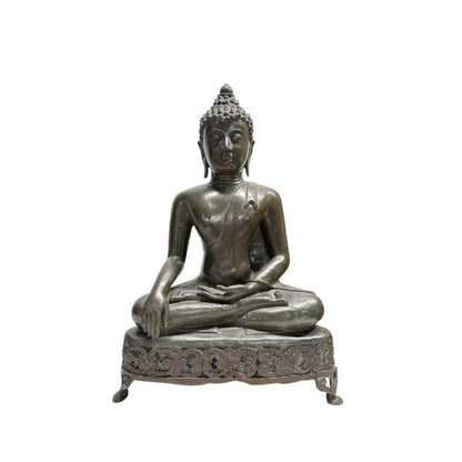 Monumentale bronzen Shakyamuni Boeddha op opengewerkte altaartroon – detail