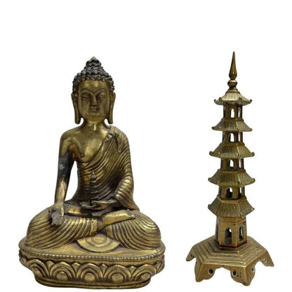 Chinese bronzen altaarset met Medicijnboeddha en twee pagodetorens – opname 9
