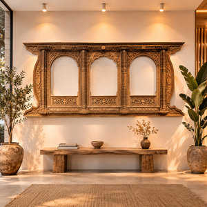 Exclusieve Wanddecoratie - Groot Teakhout Houtsnijwerk (365cm) - Zen Hotel Decoratie - Nepal 19e Eeuw