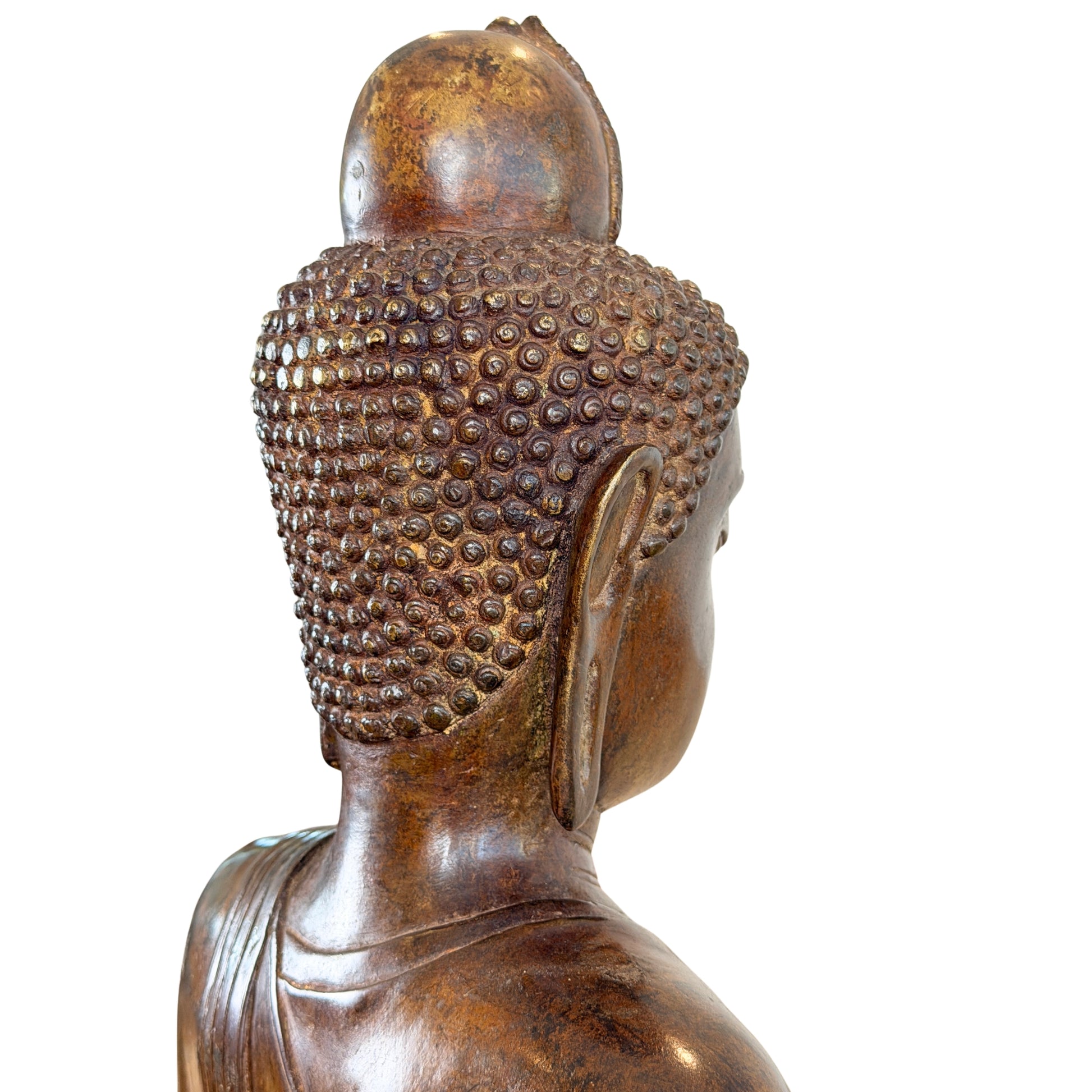 Close-up van de achterzijde en het zijprofiel van het hoofd van een groot antiek Thais bronzen Boeddhabeeld, met focus op de regelmatige structuur van de haarknot en de goudbruine glans op het brons