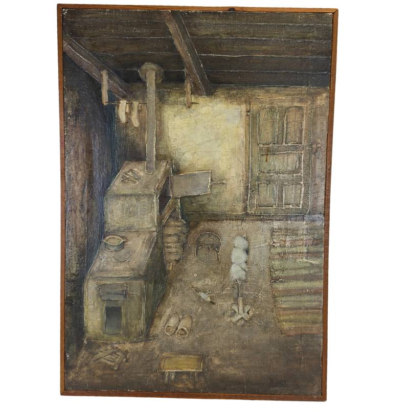 Authentiek olieverfschilderij van Pavao Mlinarić met een rustiek Kroatisch boereninterieur en een traditionele kachel.