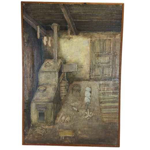 Authentiek olieverfschilderij van Pavao Mlinarić met een rustiek Kroatisch boereninterieur en een traditionele kachel.