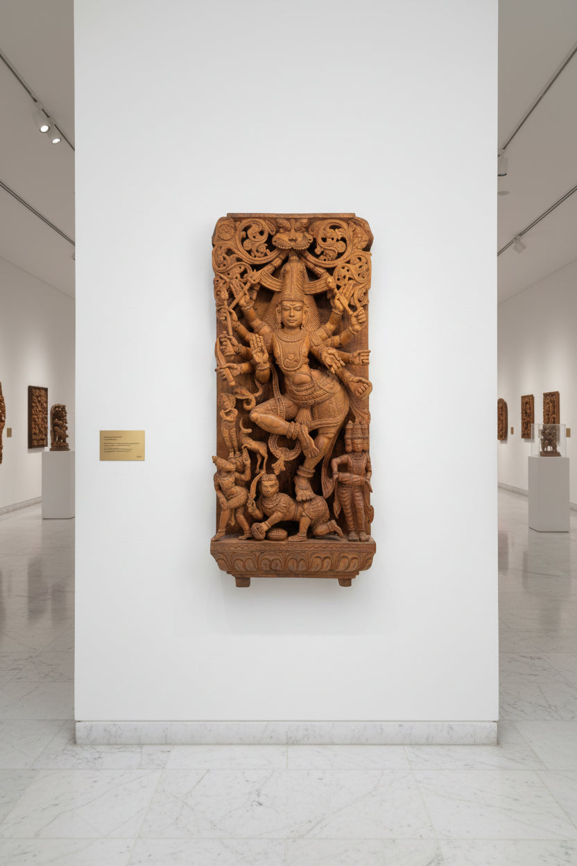 Een historisch Zuid-Indiaas houten tempelreliëf van Shiva Nataraja tentoongesteld in een museale context.