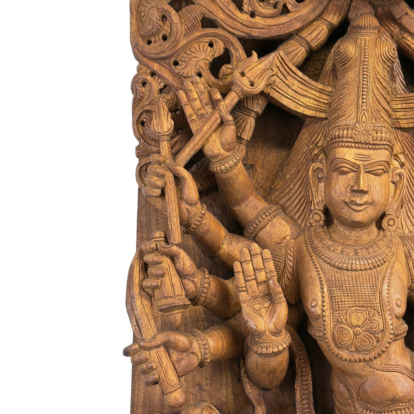 Detail van de rechterzijde met de meerdere armen van Shiva die de Trishula drietand vasthouden en de Abhaya mudra vormen.