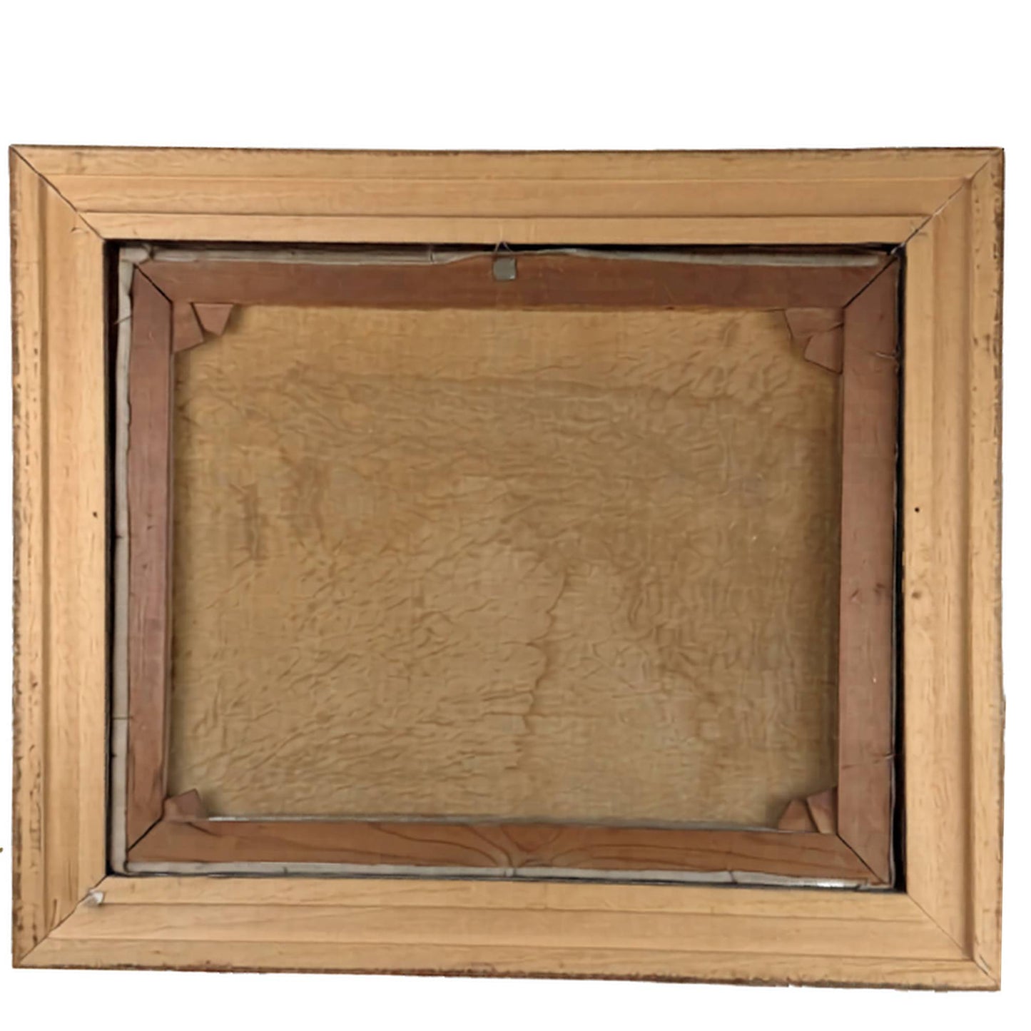 De originele achterzijde van het 53x63 cm linnen schilderij van R. Doorn met geoxideerd houten spieraam, hoekspieën en lijst.