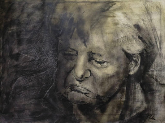 Angela Merkel portret schilderij door Oliver Plehn in gemengde techniek op doek
