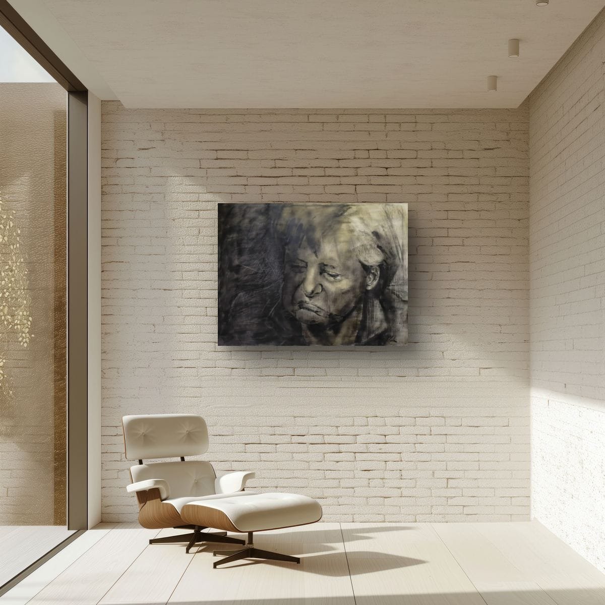 Angela Merkel portret schilderij van Oliver Plehn weergegeven in een modern interieur
