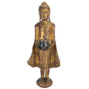 Antiek 19e-eeuws Birmaans Staand Boeddhabeeld – Giltwood met Bedelnap (77 cm)