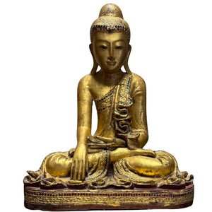 Antiek Birmaans Mandalay Boeddha Beeld – Verguld Hout met Glasmozaïek – Bhumisparsha Mudra – ca. 1880–1920