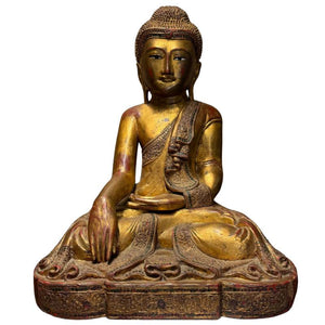 Antiek Birmaans Mandalay Boeddhabeeld – Verguld Hout met Ingelegde Ogen – Myanmar ca. 1880–1920